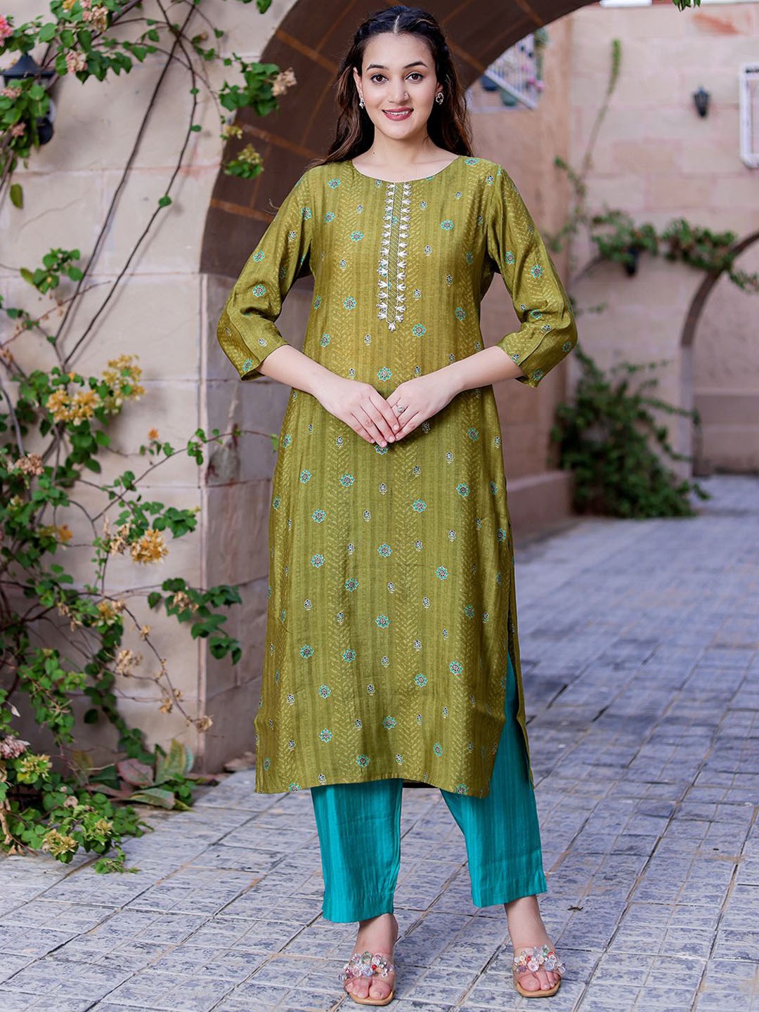 VASVI Floral Embroidered Gotta Patti Pure Cotton A-Line Kurta With Trouser, Green
VASVI Floral Embroidered Gotta Patti Pure Cotton A-Line Kurta With Trouser, Green