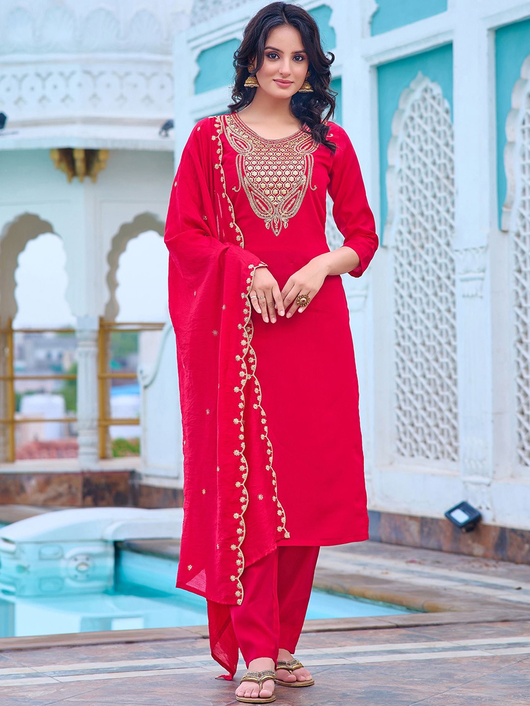 KALINI Floral Yoke Design Regular Thread Work Chanderi Silk Kurta with Trousers & Dupatta, Pink
KALINI Floral Yoke Design Regular Thread Work Chanderi Silk Kurta with Trousers & Dupatta, Pink