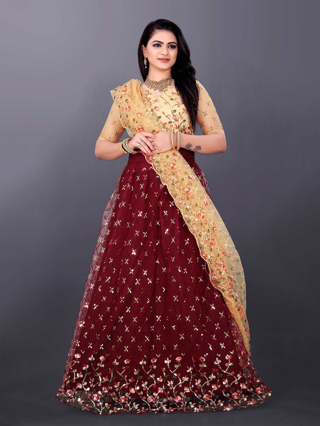 DDRS FASHION Embroidered Sequinned Ready to Wear Lehenga & Unstitched Blouse With Dupatta, Maroon
DDRS FASHION Embroidered Sequinned Ready to Wear Lehenga & Unstitched Blouse With Dupatta, Maroon
