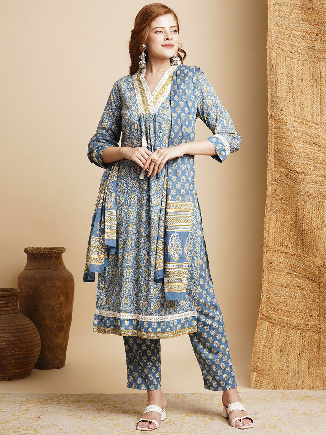 FASHOR Ethnic Motifs Printed Pleated Thread Work Pure Cotton Kurta With Trousers & Dupatta, Blue
FASHOR Ethnic Motifs Printed Pleated Thread Work Pure Cotton Kurta With Trousers & Dupatta, Blue