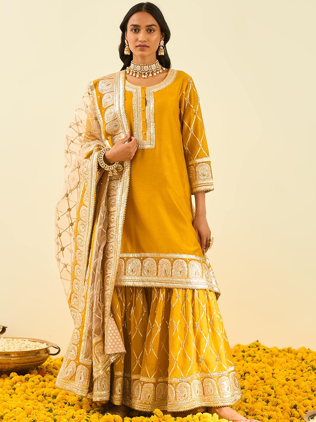 SHEETAL BATRA Paisley Embroidered Sequinned Pure Silk Kurta with Sharara & With Dupatta, Yellow
SHEETAL BATRA Paisley Embroidered Sequinned Pure Silk Kurta with Sharara & With Dupatta, Yellow