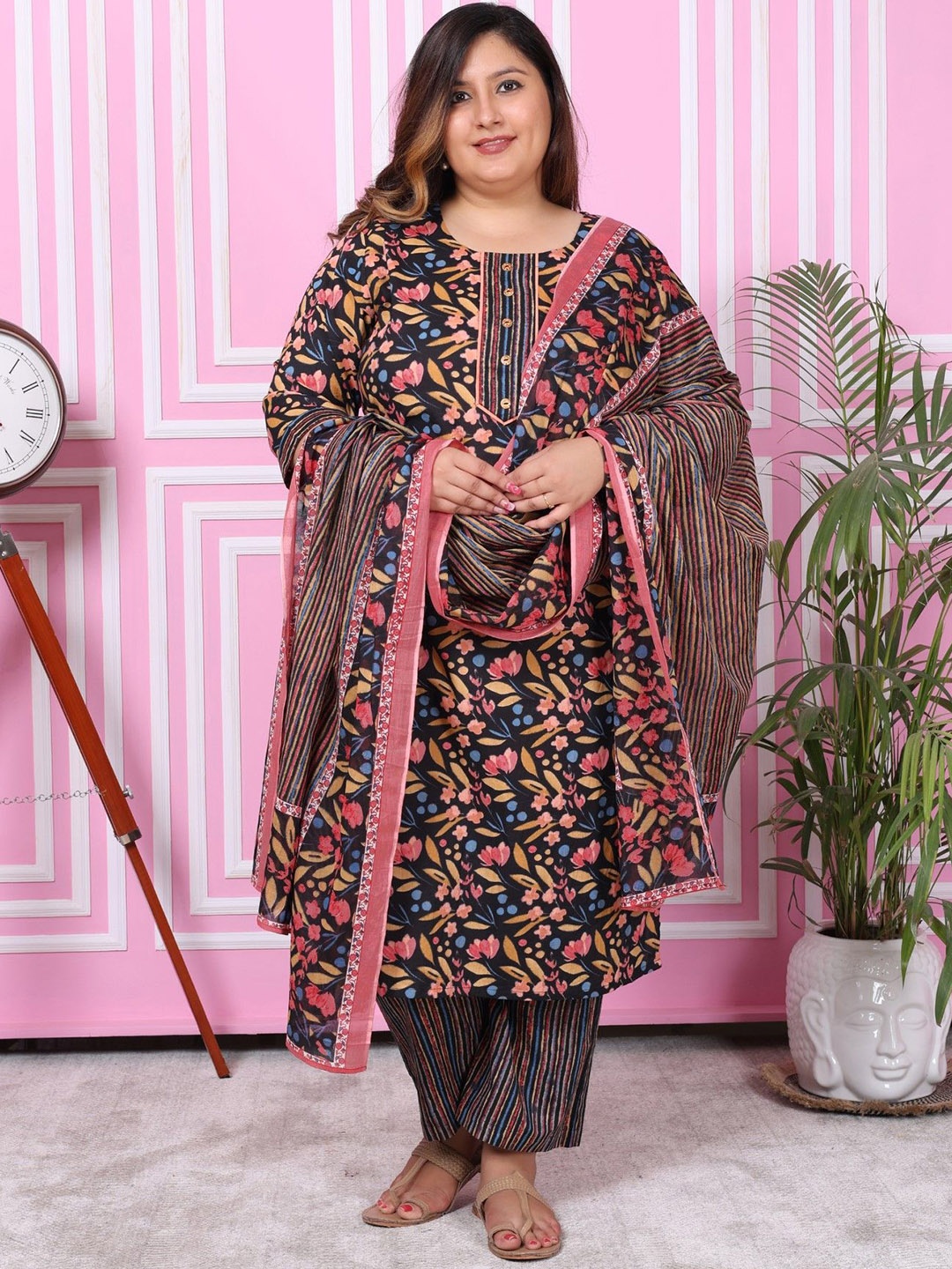 Swasti Plus Size Floral Printed Pure Cotton Straight Kurta with Palazzos & With Dupatta, Black
Swasti Plus Size Floral Printed Pure Cotton Straight Kurta with Palazzos & With Dupatta, Black