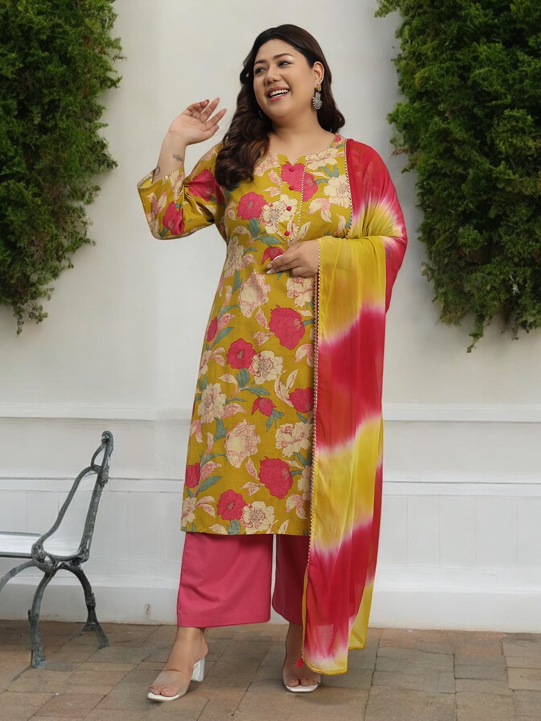 Azira Plus Size Floral Printed Gotta Patti Pure Cotton Straight Kurta & Palazzos & Dupatta, Mustard
Azira Plus Size Floral Printed Gotta Patti Pure Cotton Straight Kurta & Palazzos & Dupatta, Mustard