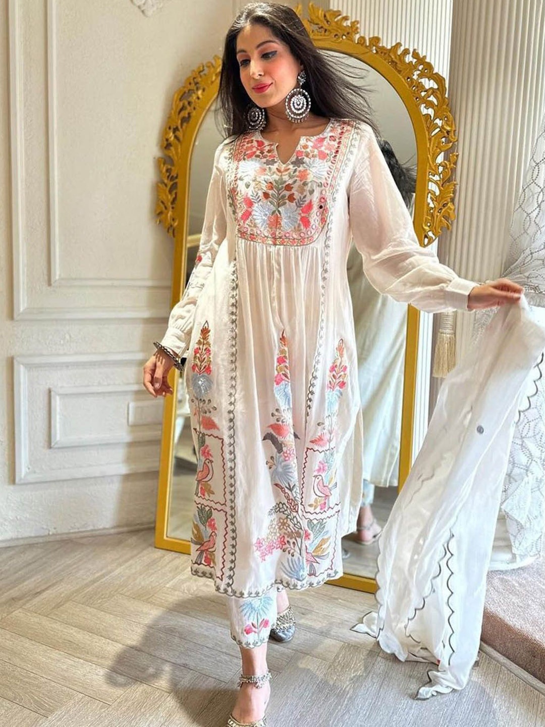 KALINI Floral Embroidered Notch Neck Straight Kurta with Palazzos & Dupatta, Off white
KALINI Floral Embroidered Notch Neck Straight Kurta with Palazzos & Dupatta, Off white