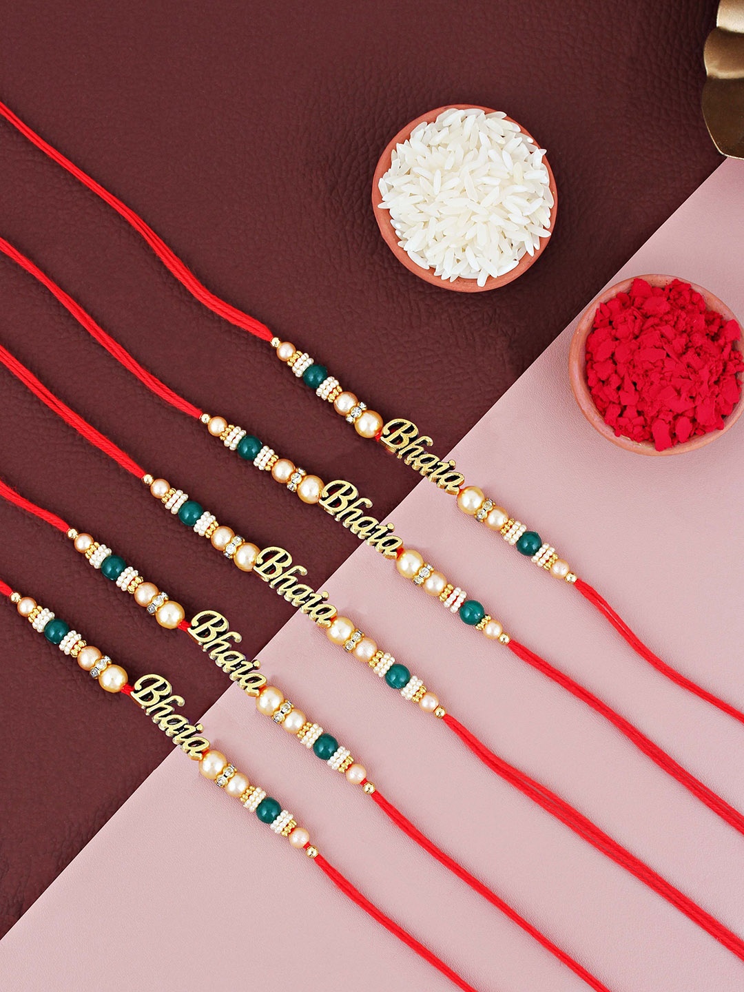 LUCKY JEWELLERY Set Of 5 Pearl Beaded Rakhis With Roli Chawal & Greeting Card, Gold
LUCKY JEWELLERY Set Of 5 Pearl Beaded Rakhis With Roli Chawal & Greeting Card, Gold