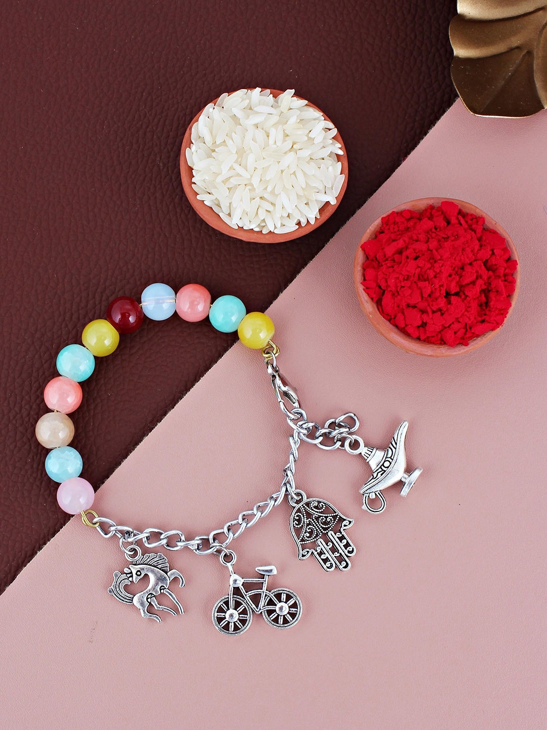 LUCKY JEWELLERY Beaded Oxidised German Silver Lumba Rakhi with Roli Chawal & Greeting Card
LUCKY JEWELLERY Beaded Oxidised German Silver Lumba Rakhi with Roli Chawal & Greeting Card