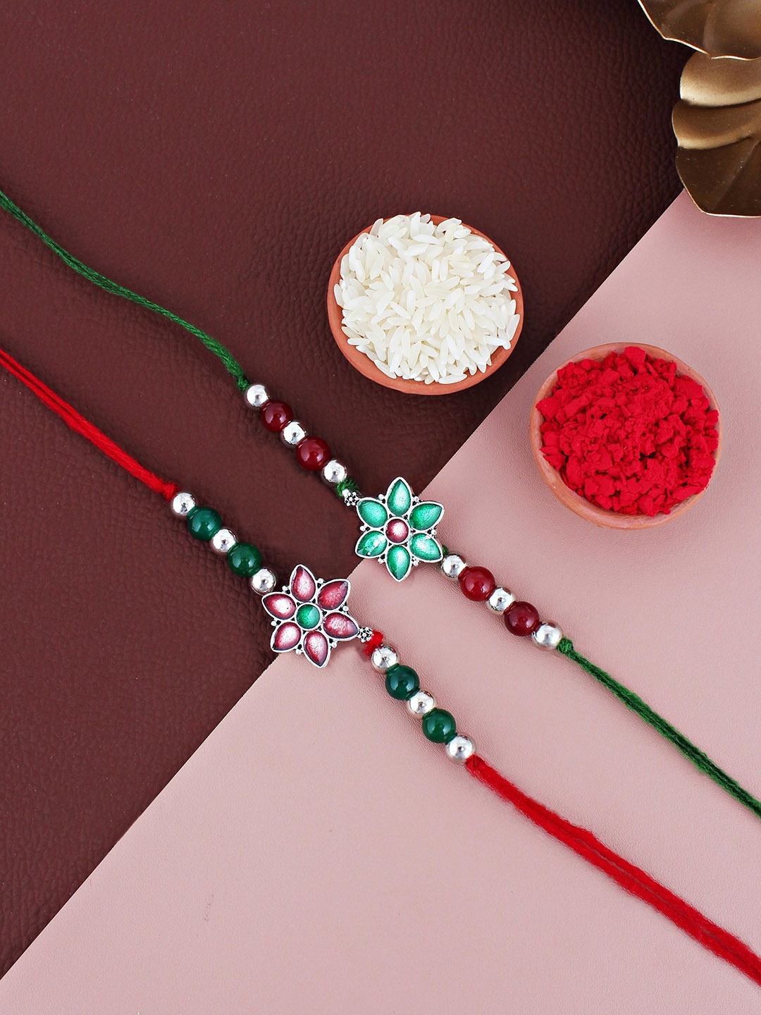 LUCKY JEWELLERY Set Of 2 Beaded Oxidised German Silver Thread Rakhis With Roli Chawal
LUCKY JEWELLERY Set Of 2 Beaded Oxidised German Silver Thread Rakhis With Roli Chawal
