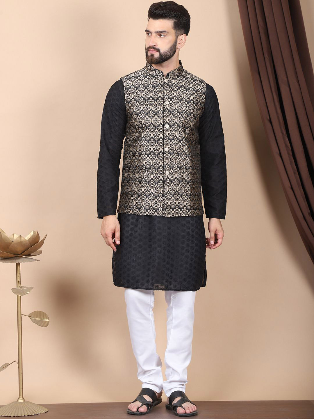 Anouk Black Floral Embroidered Thread Work Pure Cotton Kurta with Churidar & Nehru Jacket
Anouk Black Floral Embroidered Thread Work Pure Cotton Kurta with Churidar & Nehru Jacket