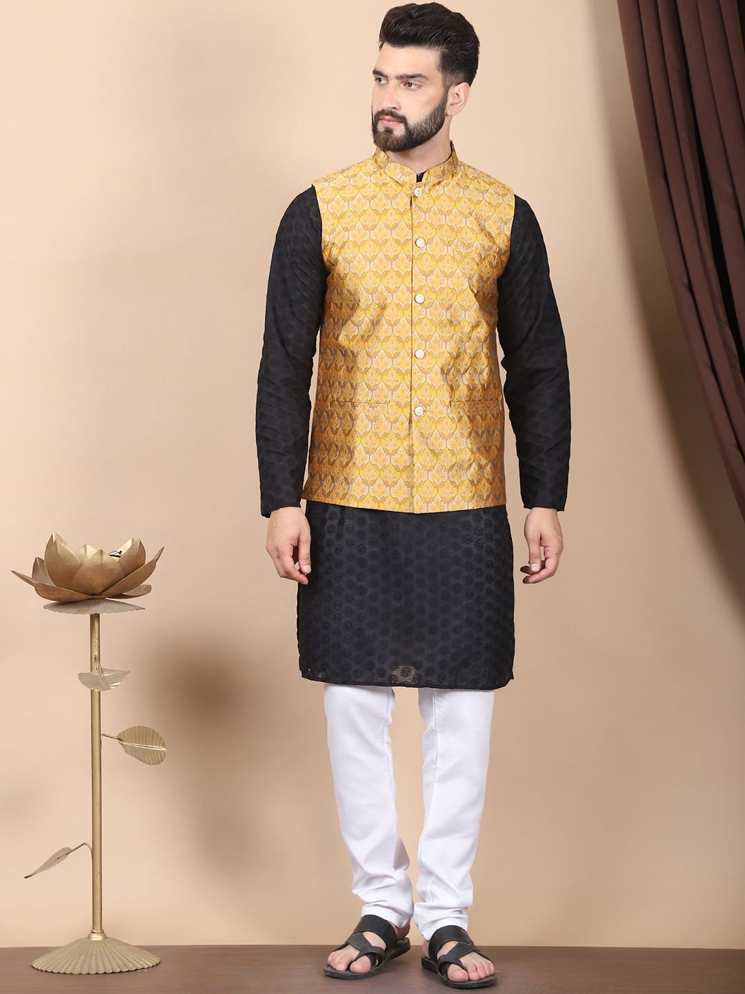 Anouk Black Floral Embroidered Thread Work Pure Cotton Kurta with Churidar & Nehru Jacket
Anouk Black Floral Embroidered Thread Work Pure Cotton Kurta with Churidar & Nehru Jacket