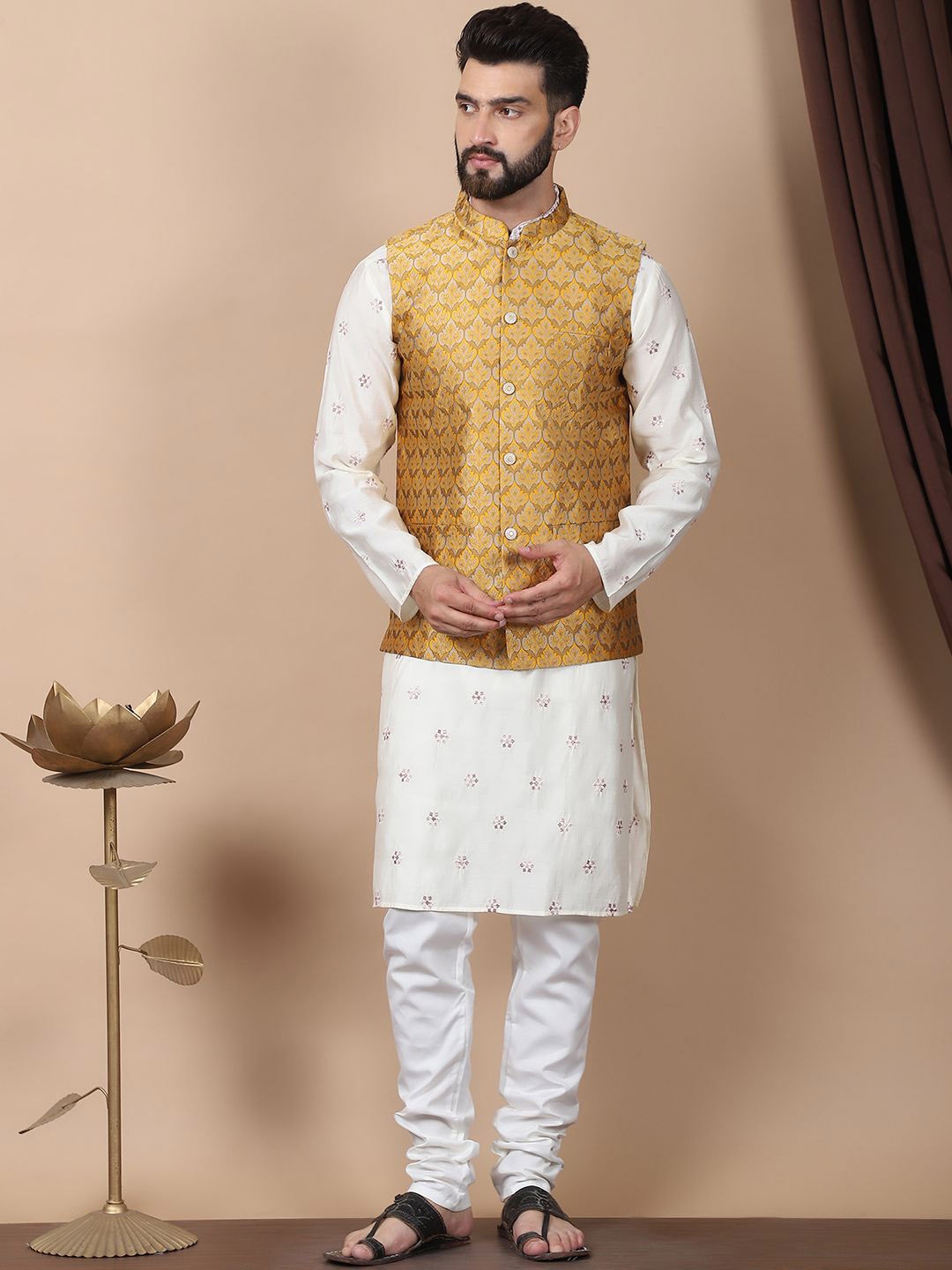 Anouk Cream-Coloured Floral Embroidered Cotton Silk Kurta with Churidar & Nehru Jacket
Anouk Cream-Coloured Floral Embroidered Cotton Silk Kurta with Churidar & Nehru Jacket