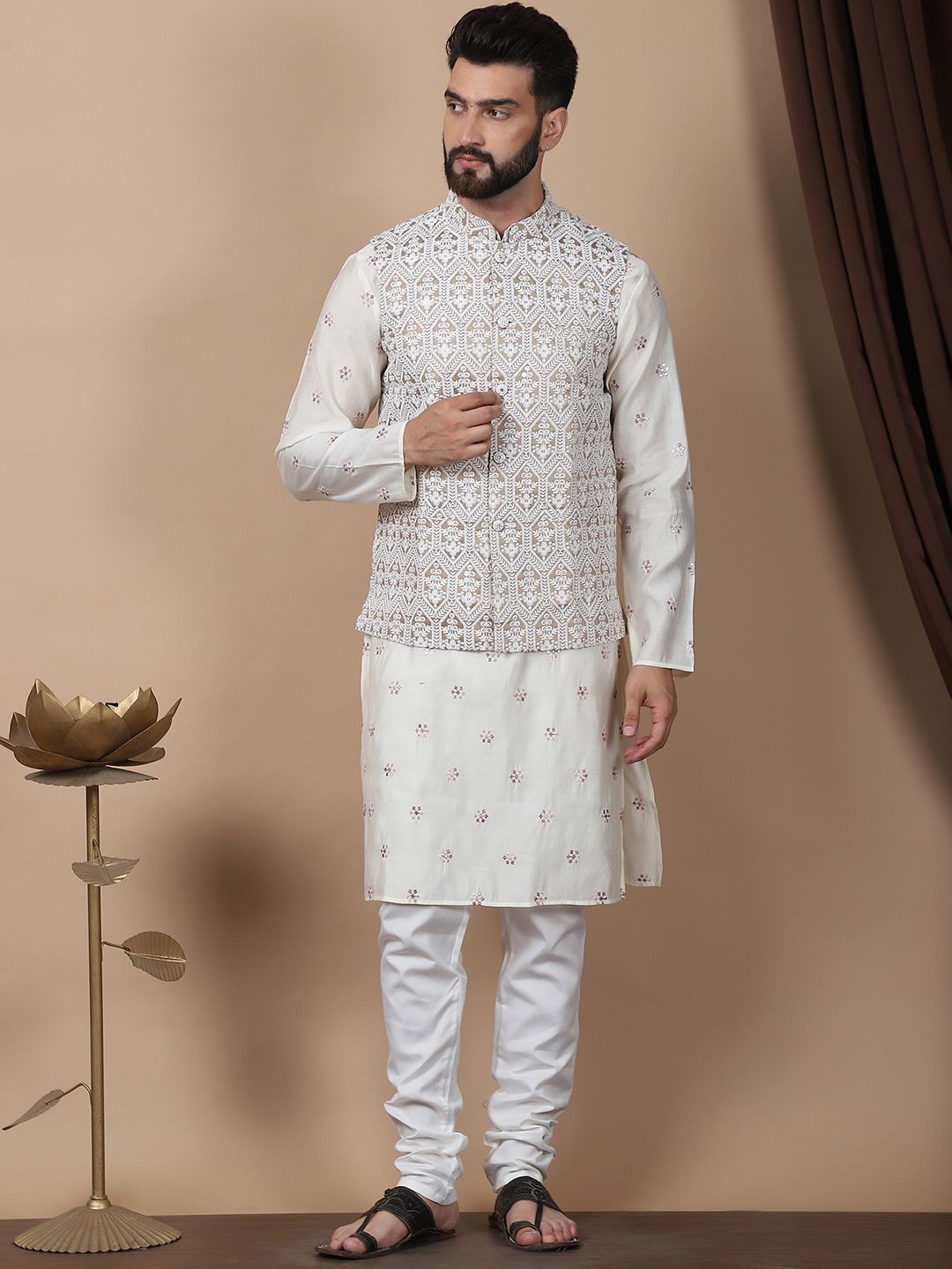 Anouk Cream-Coloured Floral Embroidered Cotton Silk Kurta with Churidar & Nehru Jacket
Anouk Cream-Coloured Floral Embroidered Cotton Silk Kurta with Churidar & Nehru Jacket
