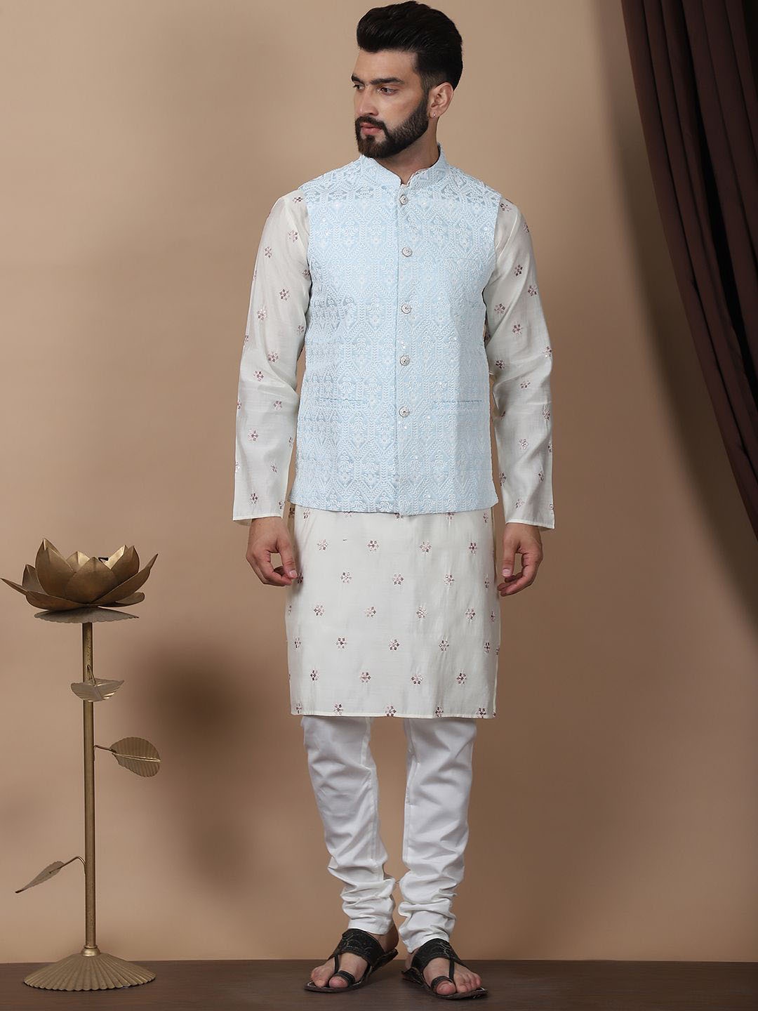 Anouk Cream-Coloured Floral Embroidered Cotton Silk Kurta with Churidar & Nehru Jacket
Anouk Cream-Coloured Floral Embroidered Cotton Silk Kurta with Churidar & Nehru Jacket