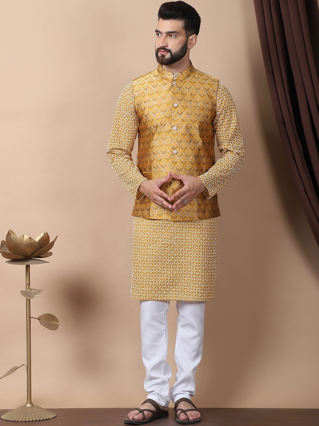 Anouk Mustard Yellow Geometric Embroidered Pure Cotton Kurta with Churidar & Nehru Jacket
Anouk Mustard Yellow Geometric Embroidered Pure Cotton Kurta with Churidar & Nehru Jacket
