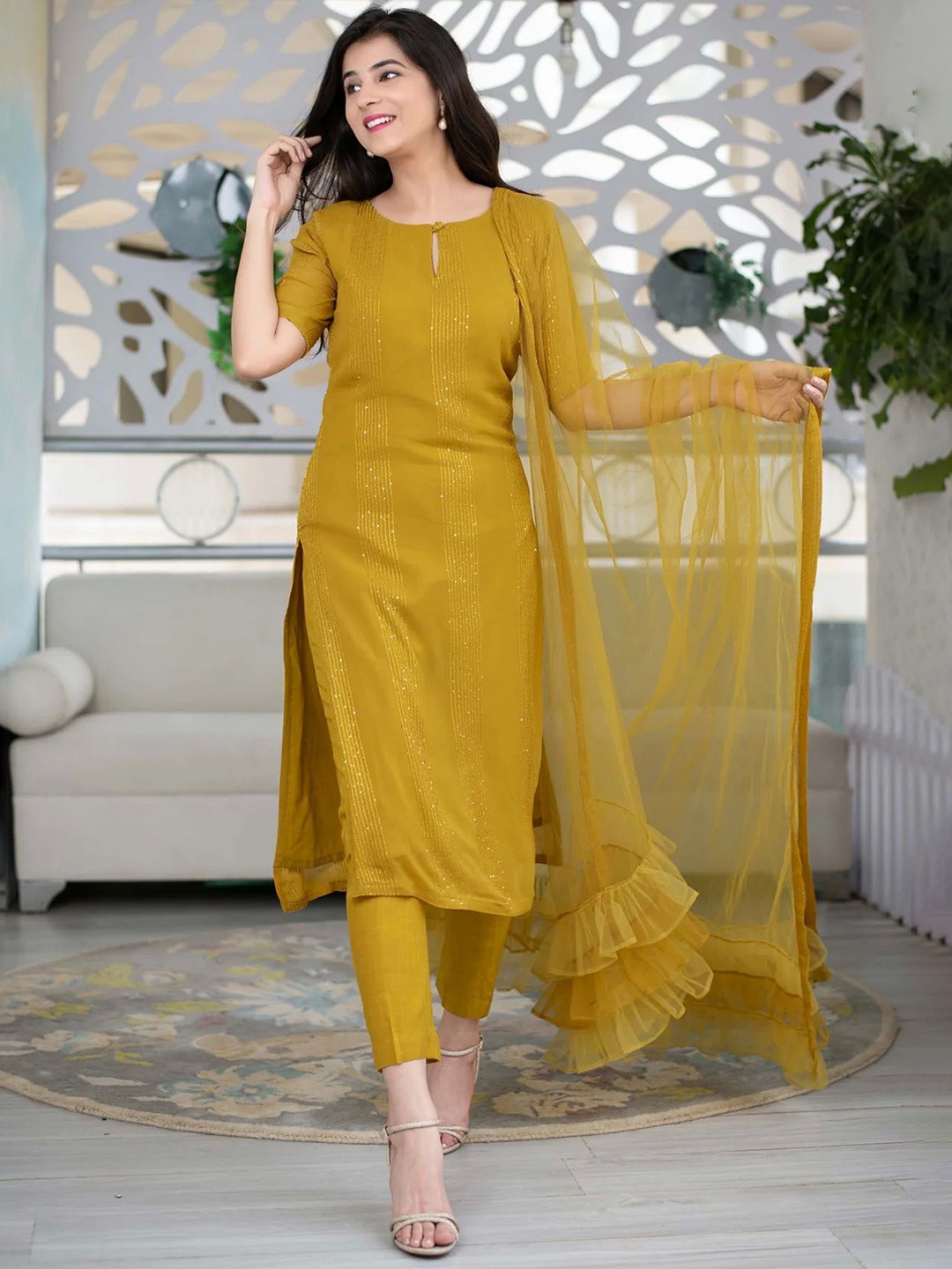 Ethnic Yard Striped Keyhole Neck Sequined Straight Kurta with Trousers & Dupatta, Yellow
Ethnic Yard Striped Keyhole Neck Sequined Straight Kurta with Trousers & Dupatta, Yellow
