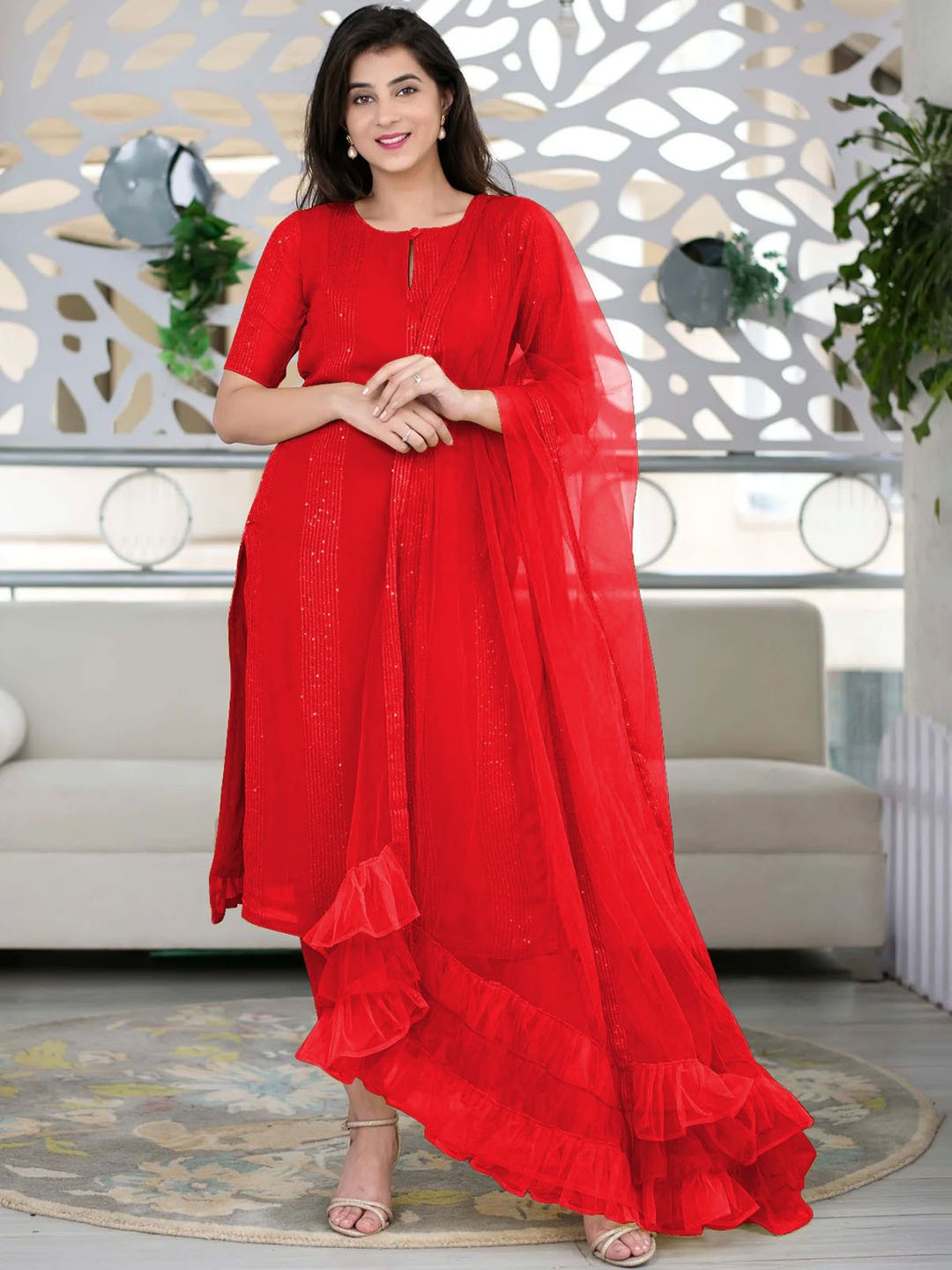 Ethnic Yard Striped Keyhole Neck Sequined Straight Kurta with Trousers & Dupatta, Red
Ethnic Yard Striped Keyhole Neck Sequined Straight Kurta with Trousers & Dupatta, Red