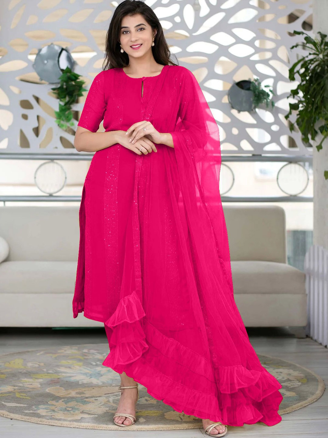 Ethnic Yard Striped Keyhole Neck Sequined Straight Kurta with Trousers & Dupatta, Pink
Ethnic Yard Striped Keyhole Neck Sequined Straight Kurta with Trousers & Dupatta, Pink