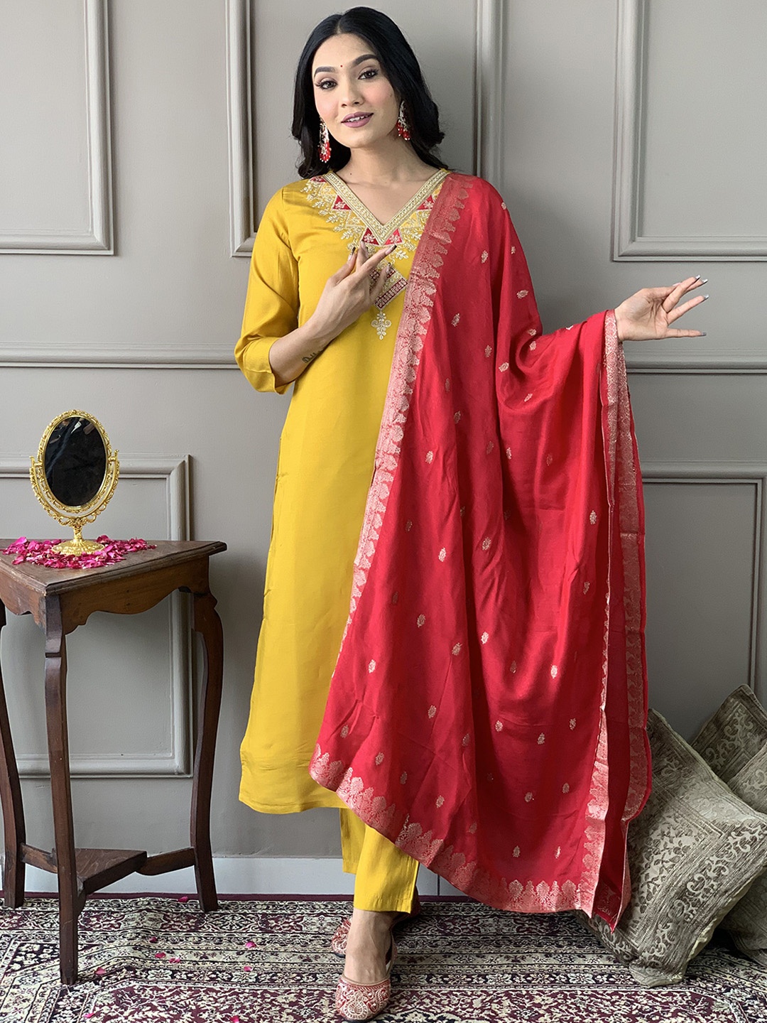 KALINI Floral Embroidered V-Neck Chanderi Silk Straight Kurta with Trousers & Dupatta, Mustard
KALINI Floral Embroidered V-Neck Chanderi Silk Straight Kurta with Trousers & Dupatta, Mustard