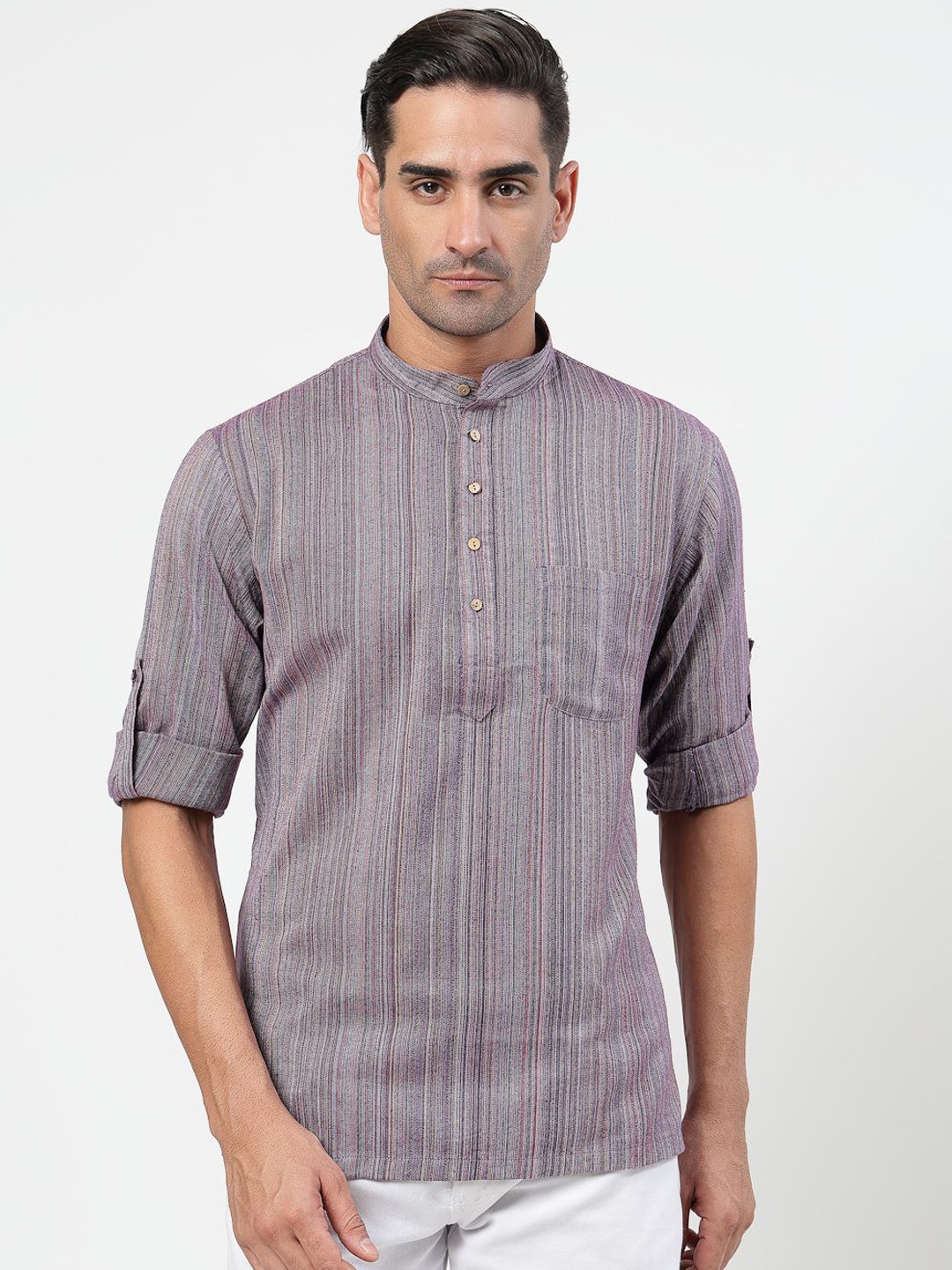 MOHANLAL SONS Striped Band Collar Roll-Up Sleeves Pure Cotton Straight Short Kurta, Purple
MOHANLAL SONS Striped Band Collar Roll-Up Sleeves Pure Cotton Straight Short Kurta, Purple