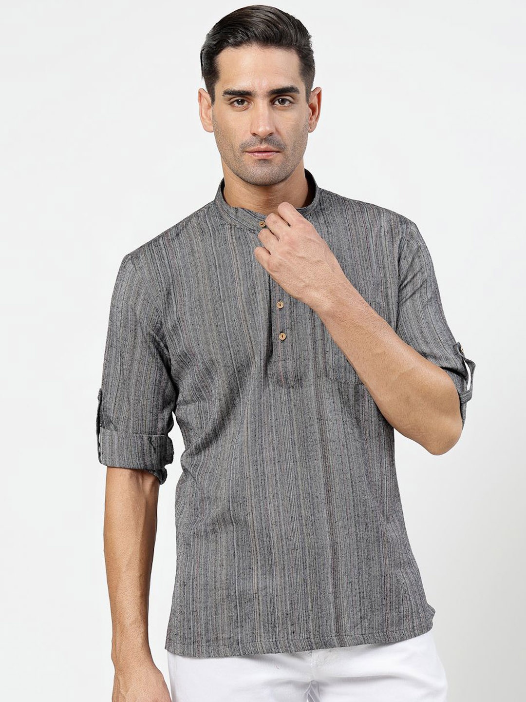 MOHANLAL SONS Striped Band Collar Roll-Up Sleeves Pure Cotton Straight Short Kurta, Grey
MOHANLAL SONS Striped Band Collar Roll-Up Sleeves Pure Cotton Straight Short Kurta, Grey