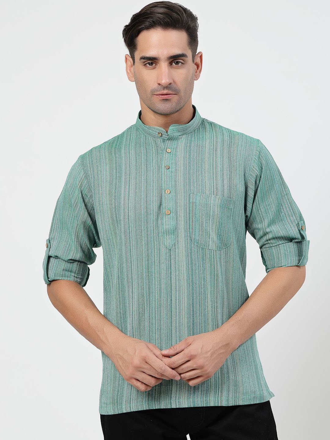 MOHANLAL SONS Striped Band Collar Roll-Up Sleeves Pure Cotton Straight Short Kurta, Green
MOHANLAL SONS Striped Band Collar Roll-Up Sleeves Pure Cotton Straight Short Kurta, Green