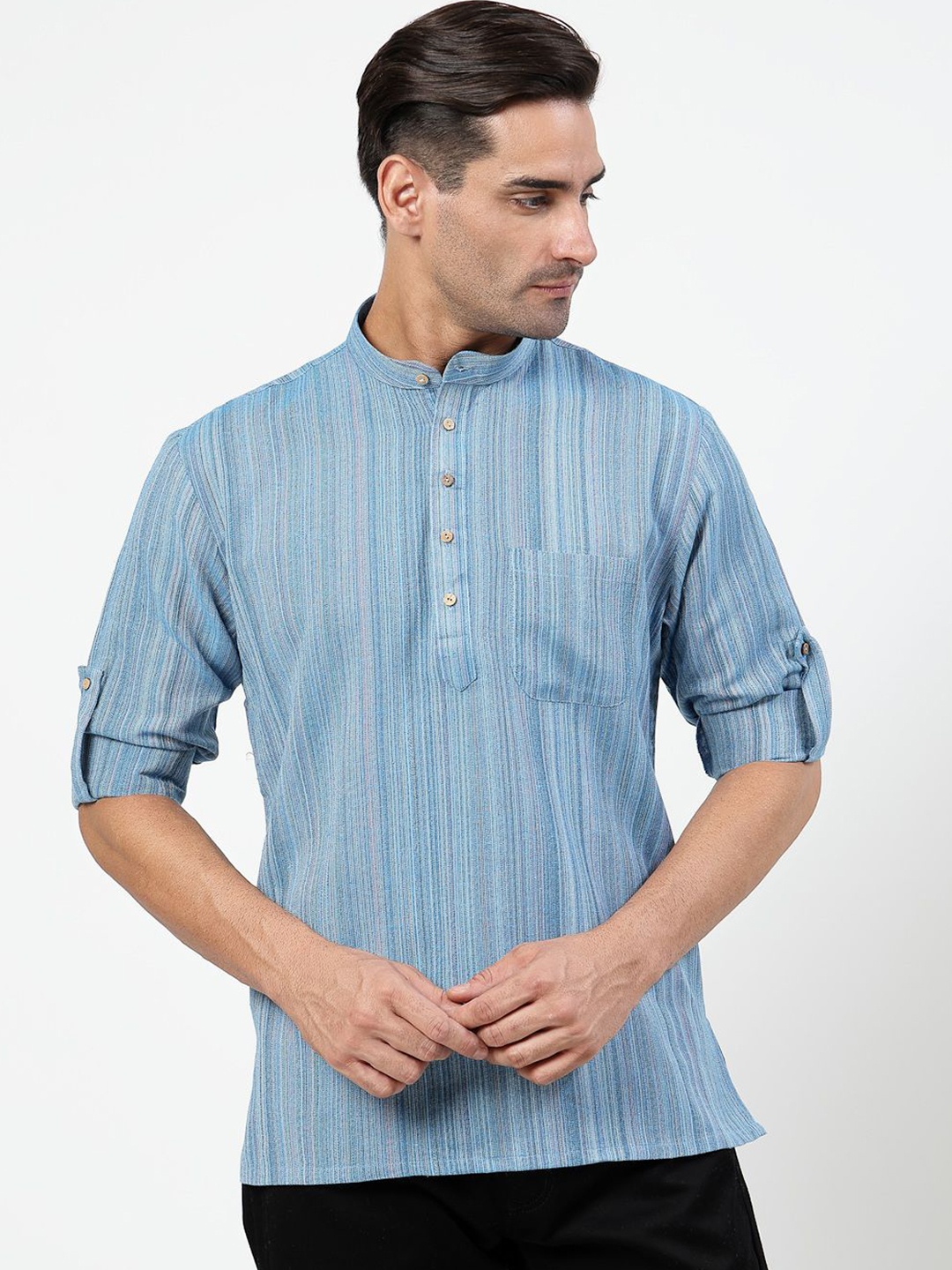 MOHANLAL SONS Striped Band Collar Roll-Up Sleeves Pure Cotton Straight Short Kurta, Blue
MOHANLAL SONS Striped Band Collar Roll-Up Sleeves Pure Cotton Straight Short Kurta, Blue
