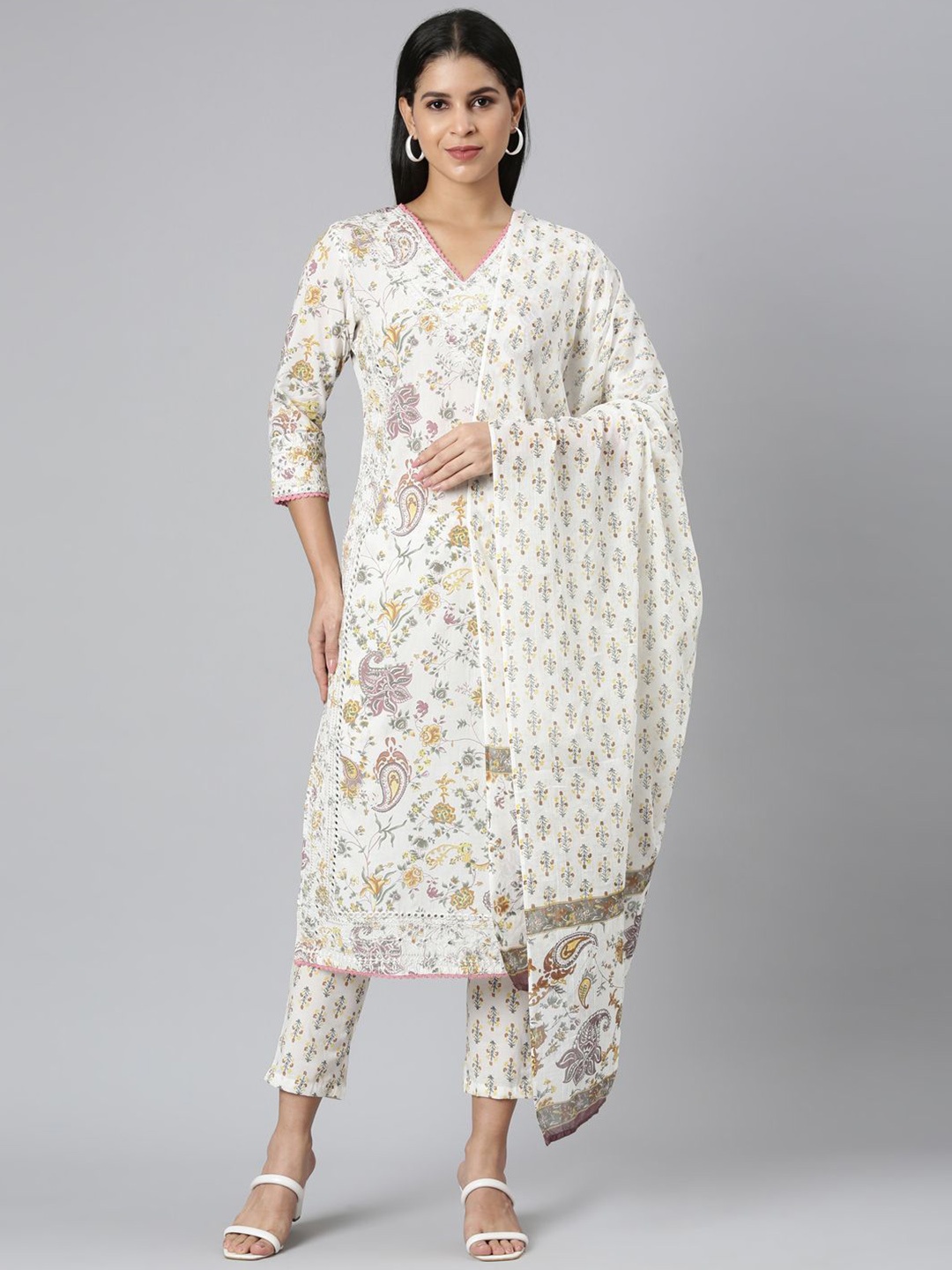 Neerus Floral Printed Thread Work Jute Cotton Straight Kurta With Trousers & Dupatta, White
Neerus Floral Printed Thread Work Jute Cotton Straight Kurta With Trousers & Dupatta, White