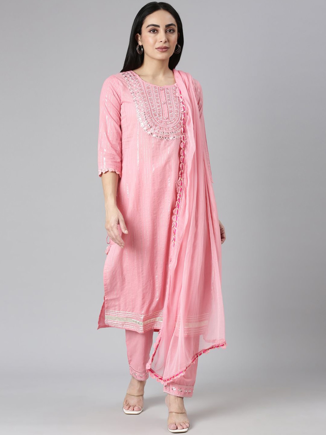 Neerus Striped Embroidered Mirror Work Jute Cotton Straight Kurta With Trousers & Dupatta, Pink
Neerus Striped Embroidered Mirror Work Jute Cotton Straight Kurta With Trousers & Dupatta, Pink
