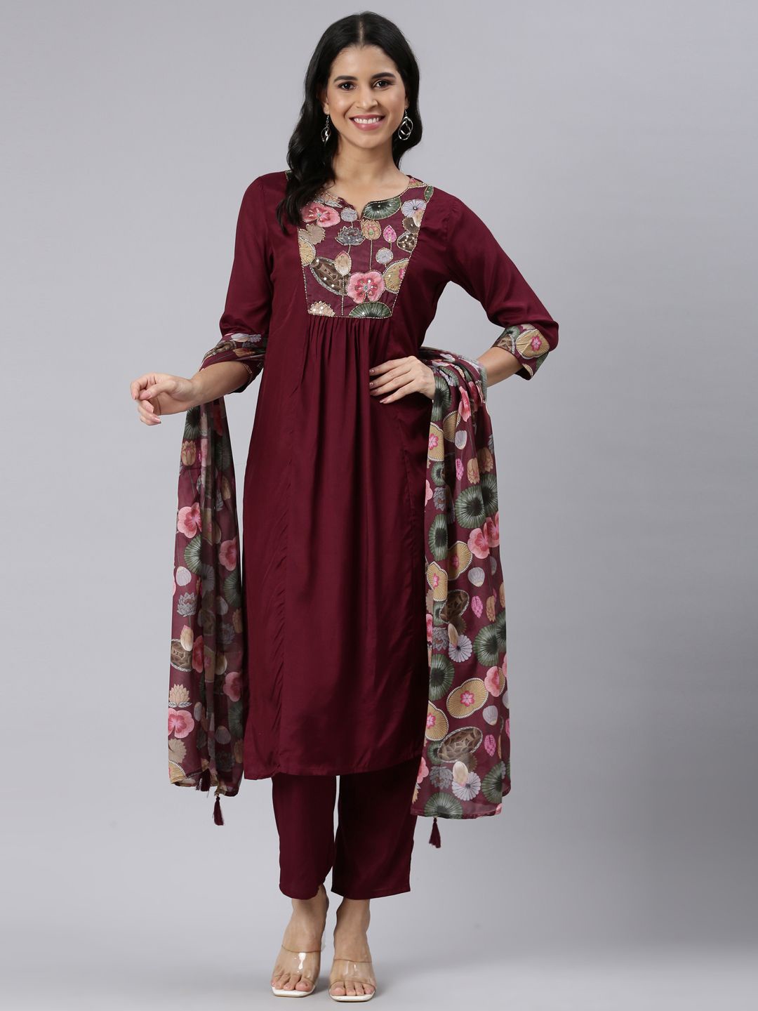 Neerus Floral Yoke Design Beads & Stones Pleated A-Line Kurta with Trousers & Dupatta, Purple
Neerus Floral Yoke Design Beads & Stones Pleated A-Line Kurta with Trousers & Dupatta, Purple