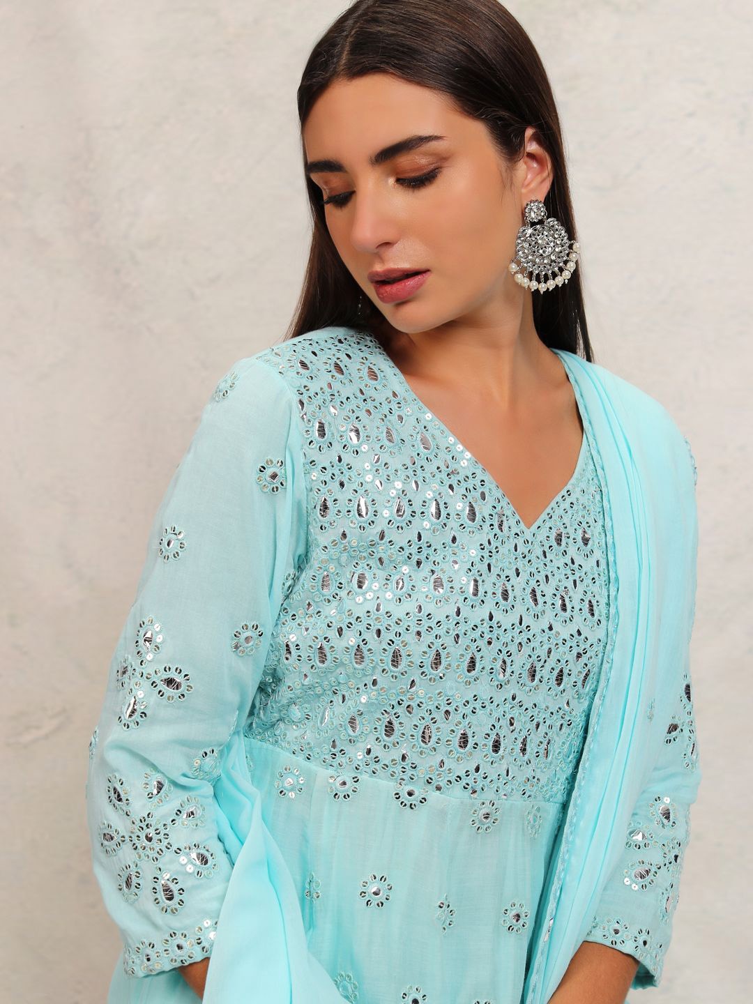 Vishudh Blue Embroidered Mirror Work Pure Cotton Anarkali Kurta With Trousers & Dupatta
Vishudh Blue Embroidered Mirror Work Pure Cotton Anarkali Kurta With Trousers & Dupatta