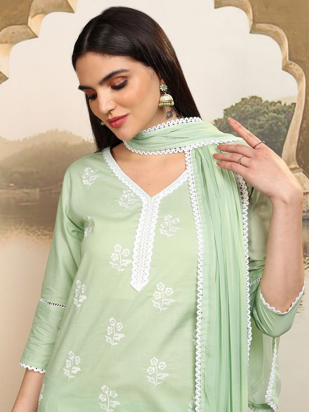 Vishudh Green Embroidered Thread Work Pure Cotton Straight Kurta With Trousers & Dupatta
Vishudh Green Embroidered Thread Work Pure Cotton Straight Kurta With Trousers & Dupatta