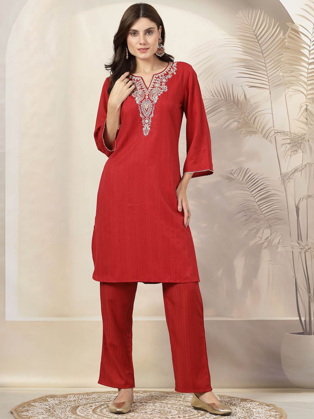 Nayam By Lakshita Floral Yoke Design Notch Neck Thread Work Straight Kurta with Trousers, Red
Nayam By Lakshita Floral Yoke Design Notch Neck Thread Work Straight Kurta with Trousers, Red