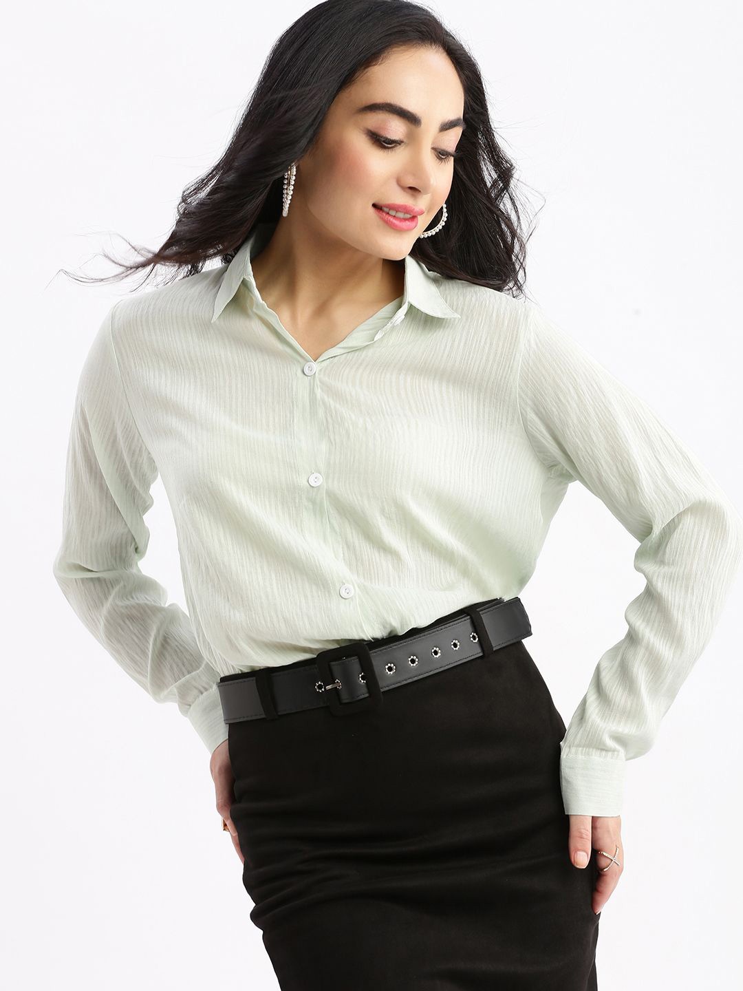 SHOWOFF Women Relaxed Slim Fit Pinstripes Semi Sheer Striped Casual Shirt, Sea green
SHOWOFF Women Relaxed Slim Fit Pinstripes Semi Sheer Striped Casual Shirt, Sea green