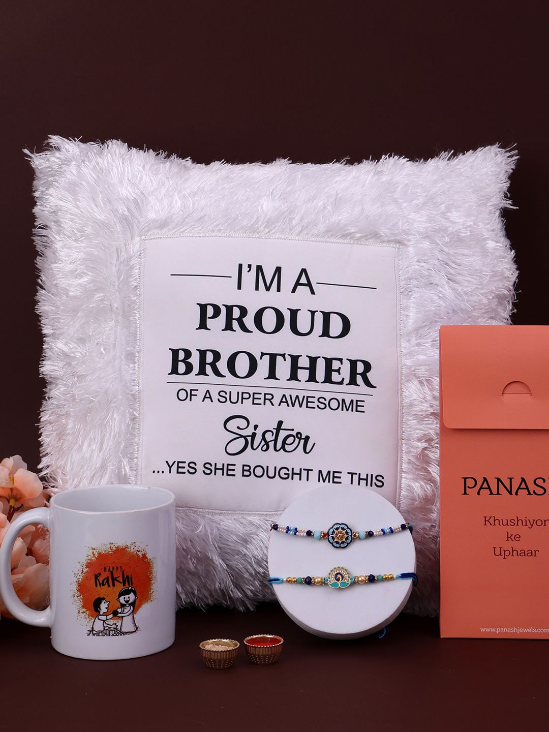 PANASH Set Of 4 Gold Plated Thread Rakhis With LED Pillow & Printed Mug Roli Chawal
PANASH Set Of 4 Gold Plated Thread Rakhis With LED Pillow & Printed Mug Roli Chawal