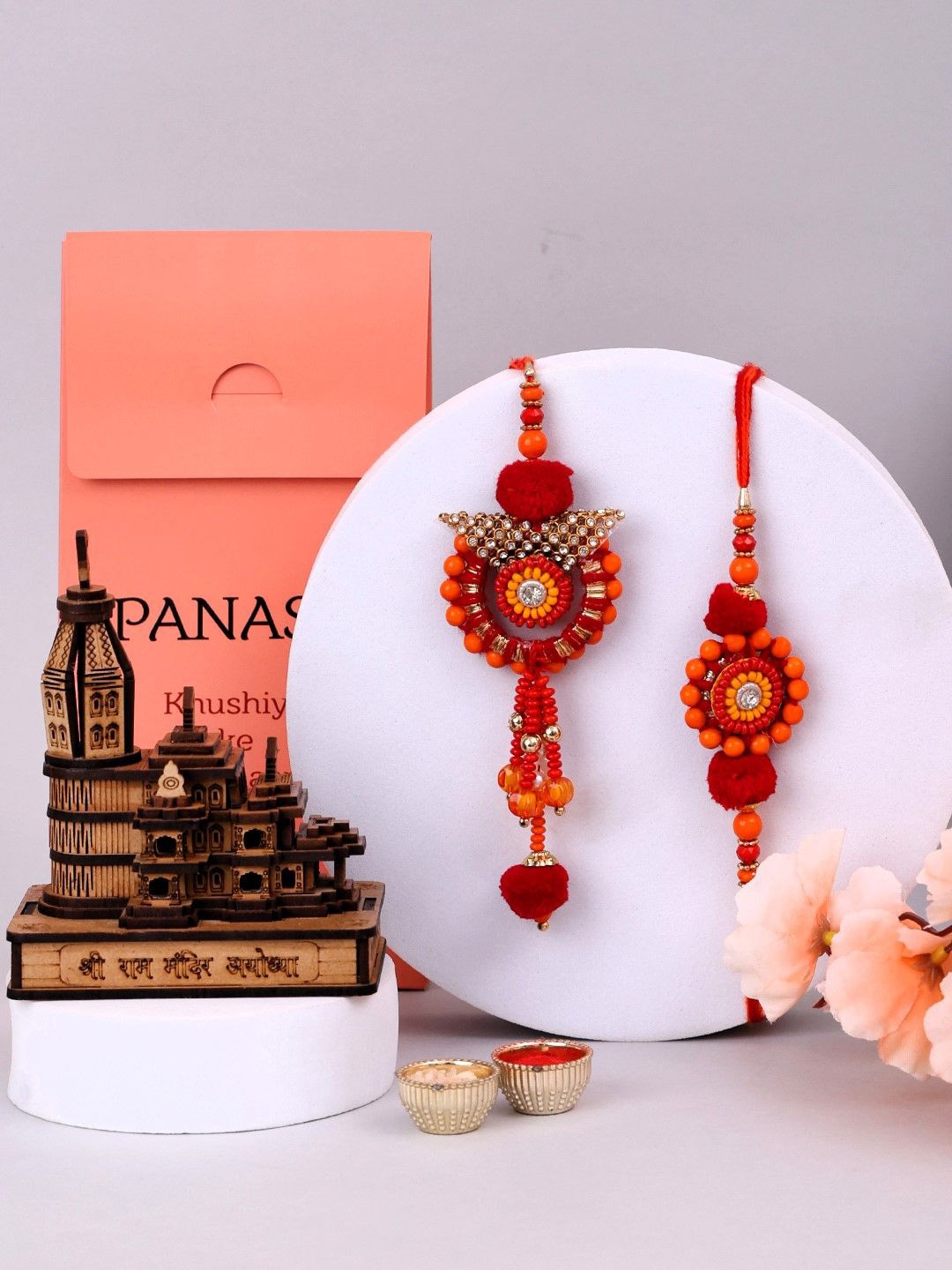 PANASH Set Of 3 Gold Plated Beaded Lumba Thread Rakhis With Showpieces & Roli Chawal
PANASH Set Of 3 Gold Plated Beaded Lumba Thread Rakhis With Showpieces & Roli Chawal