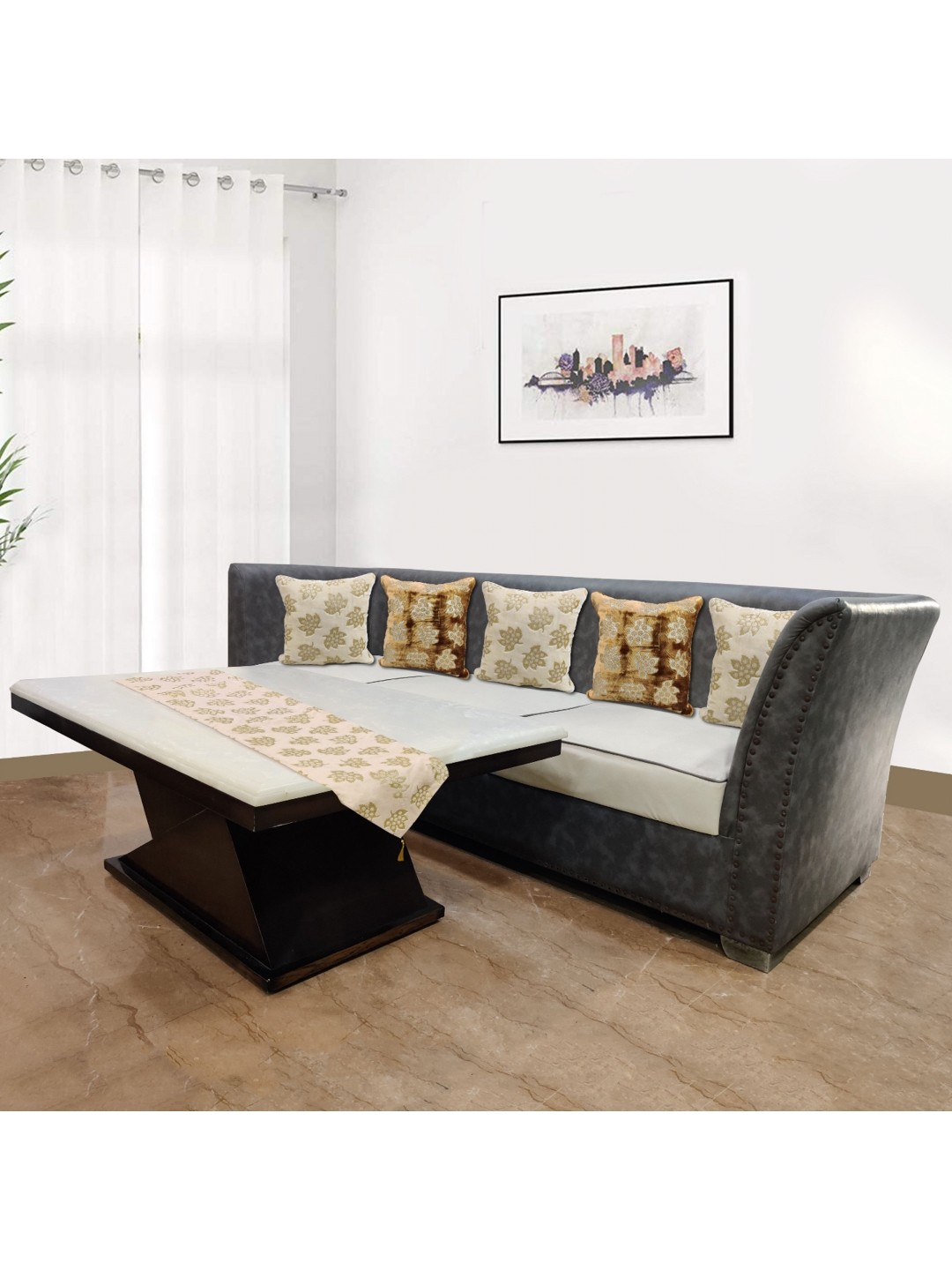 Good Vibes Beige & Gold-Toned Set of 5 Floral Velvet Square Cushion Covers
