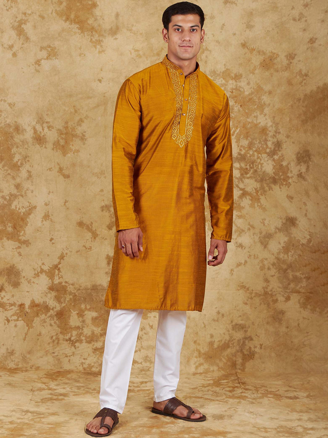 BLUESAANCHI Floral Yoke Design Beads & Stones Mandarin Collar Dupion Silk Kurta & Trousers, Mustard
BLUESAANCHI Floral Yoke Design Beads & Stones Mandarin Collar Dupion Silk Kurta & Trousers, Mustard