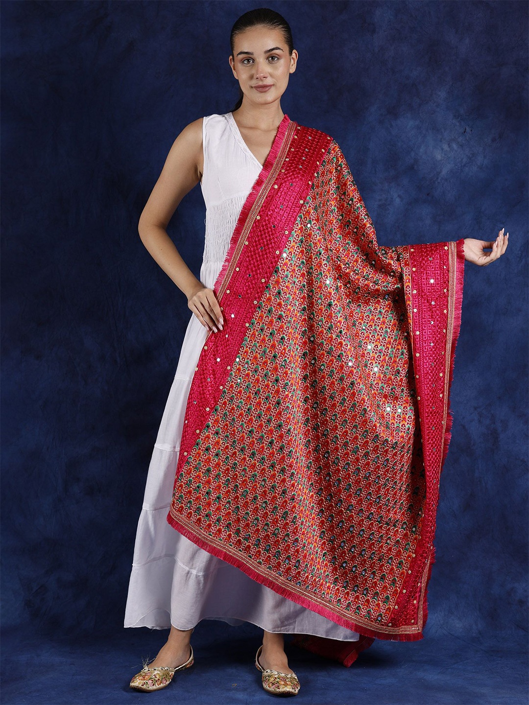 Exotic India Pink Multicolor Thread Embroidery and Bead-Mirror Work Phulkari Dupatta
Exotic India Pink Multicolor Thread Embroidery and Bead-Mirror Work Phulkari Dupatta