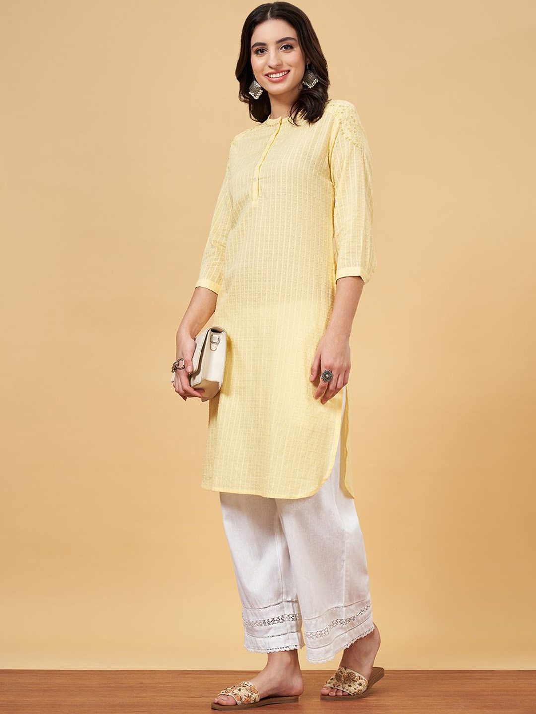 YU by Pantaloons Striped Embroidered Band Collar Thread Work Pure Cotton Straight Kurta, Yellow
YU by Pantaloons Striped Embroidered Band Collar Thread Work Pure Cotton Straight Kurta, Yellow