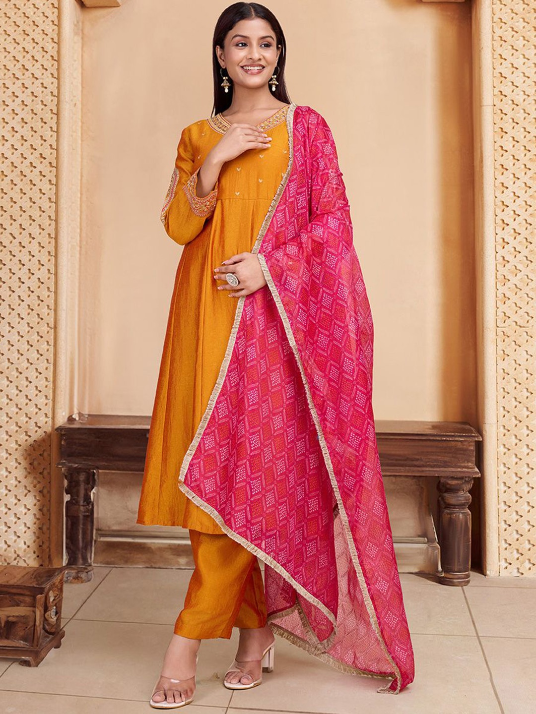House of Pataudi Embroidered V-Neck Anarkali Zari Kurta With Trouser & Dupatta, Mustard
House of Pataudi Embroidered V-Neck Anarkali Zari Kurta With Trouser & Dupatta, Mustard
