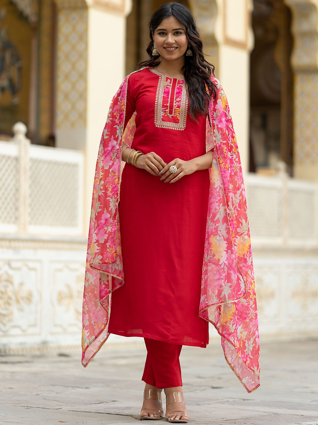 Navlik Floral Yoke Design Thread Work Straight Kurta With Trousers & Dupatta, Red
Navlik Floral Yoke Design Thread Work Straight Kurta With Trousers & Dupatta, Red