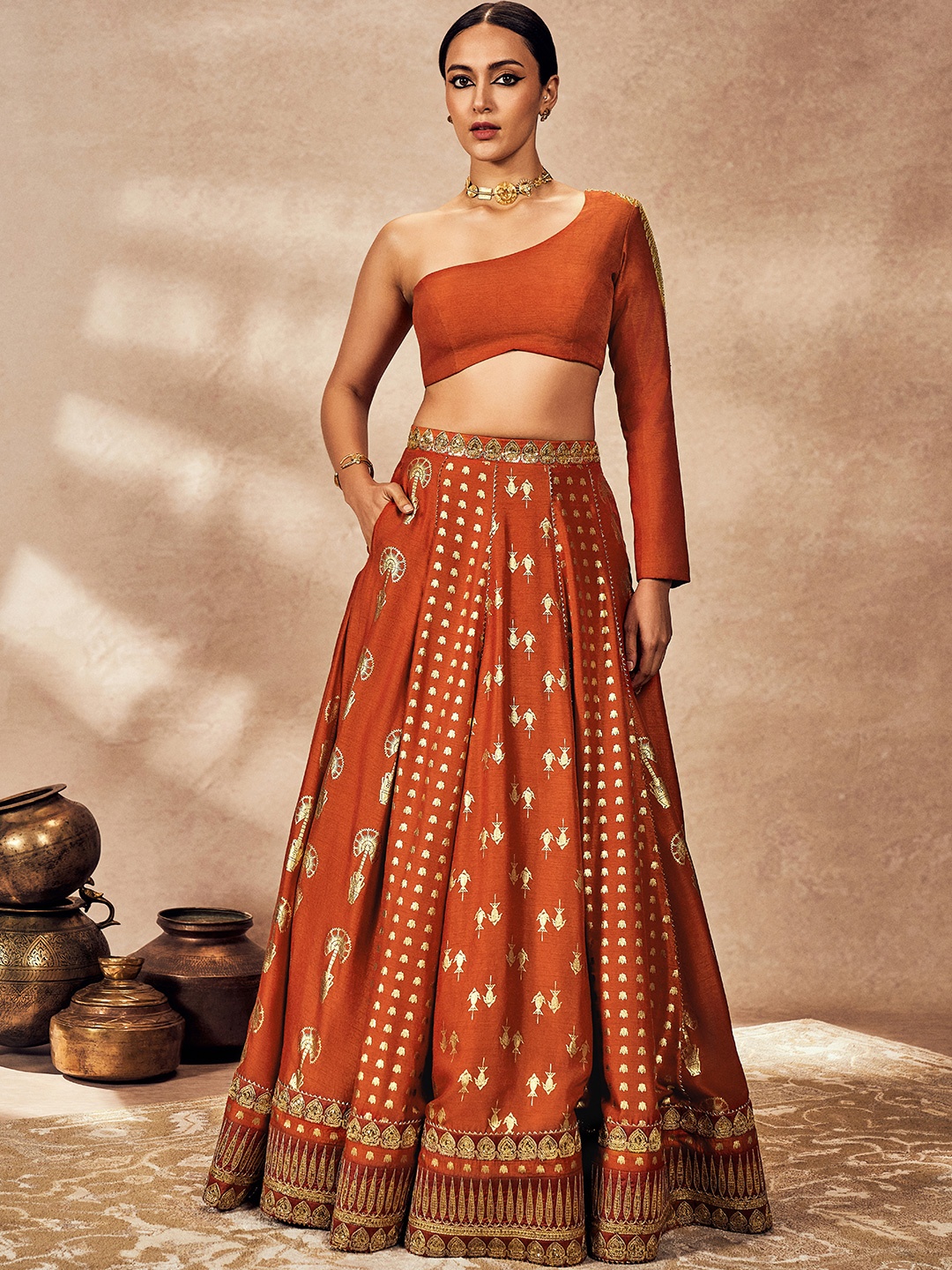 Masaba Foil Printed Sequinned One Shoulder Ready to Wear Lehenga & Blouse With Dupatta, Rust
Masaba Foil Printed Sequinned One Shoulder Ready to Wear Lehenga & Blouse With Dupatta, Rust