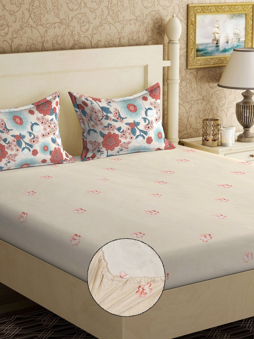 KLOTTHE Beige Floral Printed 300 TC Fitted King Double Bedsheet With 2 Pillow Covers
KLOTTHE Beige Floral Printed 300 TC Fitted King Double Bedsheet With 2 Pillow Covers