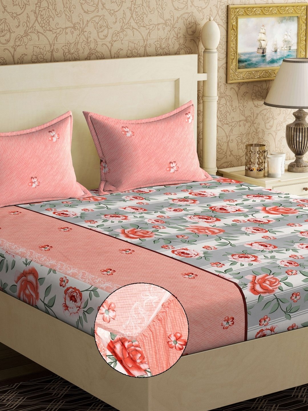 KLOTTHE Grey & Pink Printed 300 TC Fitted King Double Bedsheet With 2 Pillow Covers
KLOTTHE Grey & Pink Printed 300 TC Fitted King Double Bedsheet With 2 Pillow Covers