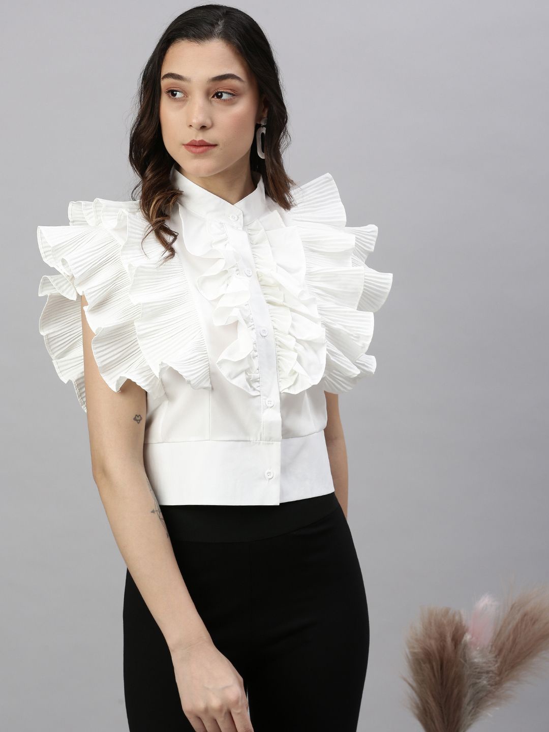 SHOWOFF Women Solid Lace Frills Bows and Ruffles High Neck Synthetic Crepe Top, White
SHOWOFF Women Solid Lace Frills Bows and Ruffles High Neck Synthetic Crepe Top, White