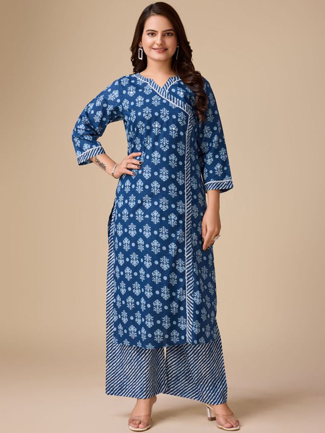 ADITI ATTIRES Floral Printed Angrakha Pure Cotton Straight Kurta With Palazzos, Navy blue
ADITI ATTIRES Floral Printed Angrakha Pure Cotton Straight Kurta With Palazzos, Navy blue