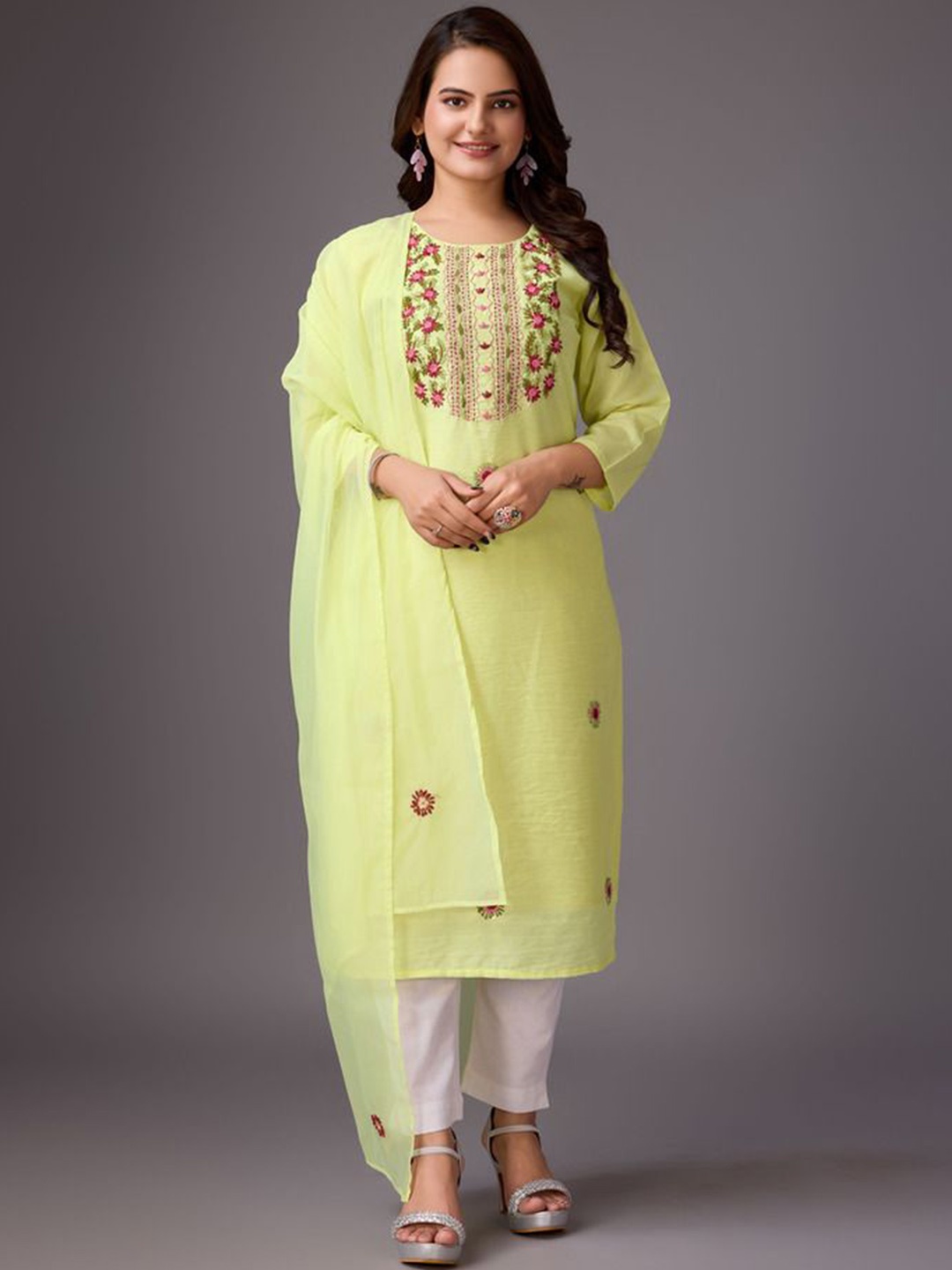 ADITI ATTIRES Floral Embroidered Round Neck Straight Kurta & Duppatta, Yellow
ADITI ATTIRES Floral Embroidered Round Neck Straight Kurta & Duppatta, Yellow