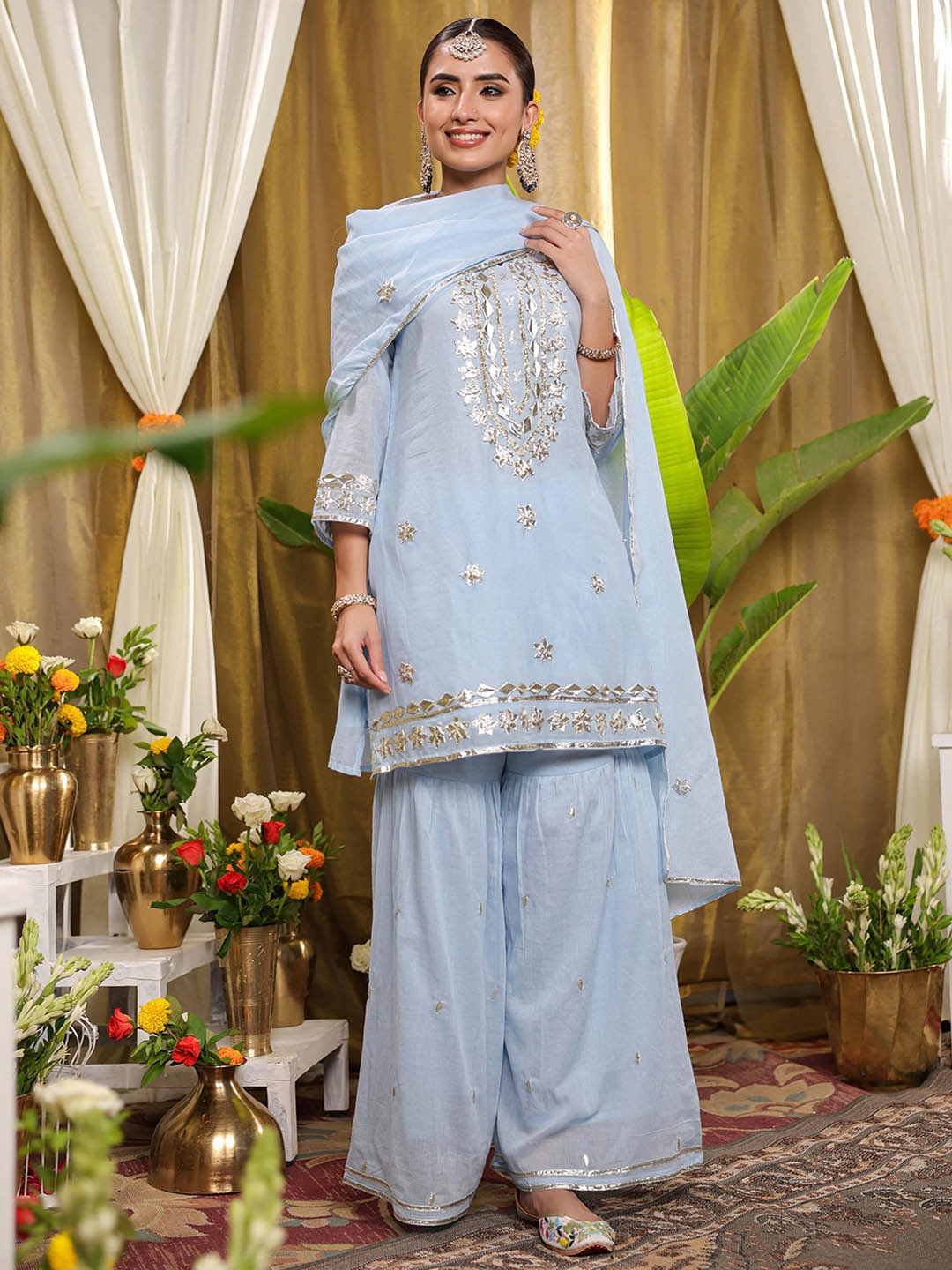 SCAKHI Floral Embroidered Pure Cotton Straight Kurti with Sharara & With Dupatta, Blue
SCAKHI Floral Embroidered Pure Cotton Straight Kurti with Sharara & With Dupatta, Blue