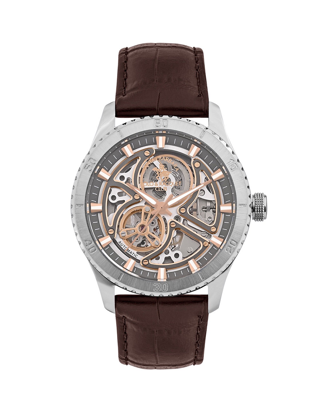 SANTA BARBARA POLO & RACQUET CLUB Men Gunmetal Dial Automatic Skeleton Watch SB.1.10573-5, Brown
SANTA BARBARA POLO & RACQUET CLUB Men Gunmetal Dial Automatic Skeleton Watch SB.1.10573-5, Brown