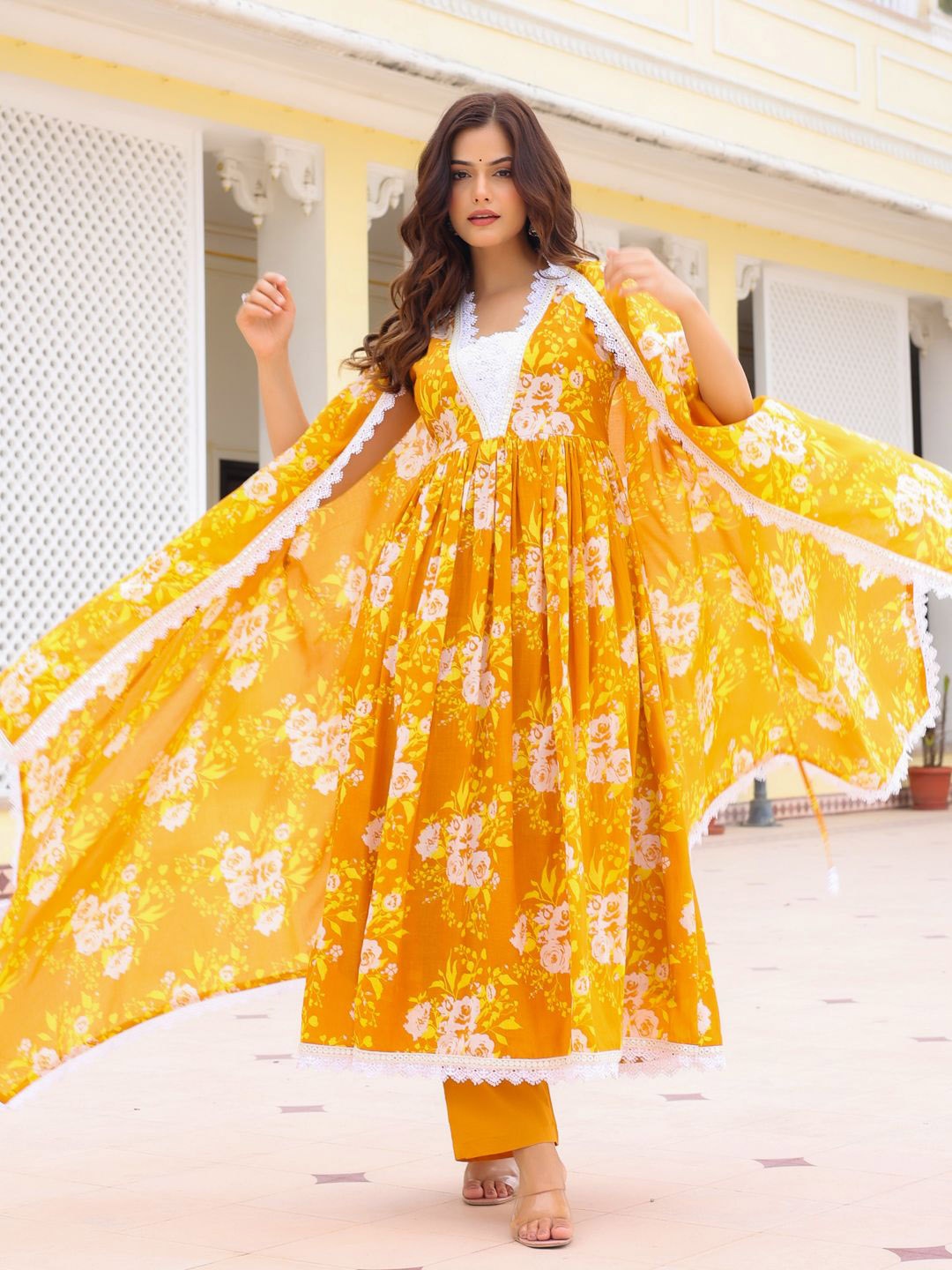 Anouk Floral Printed V-Neck Thread Work Pure Cotton A-Line Kurta With Trousers & Jacket, Mustard
Anouk Floral Printed V-Neck Thread Work Pure Cotton A-Line Kurta With Trousers & Jacket, Mustard
