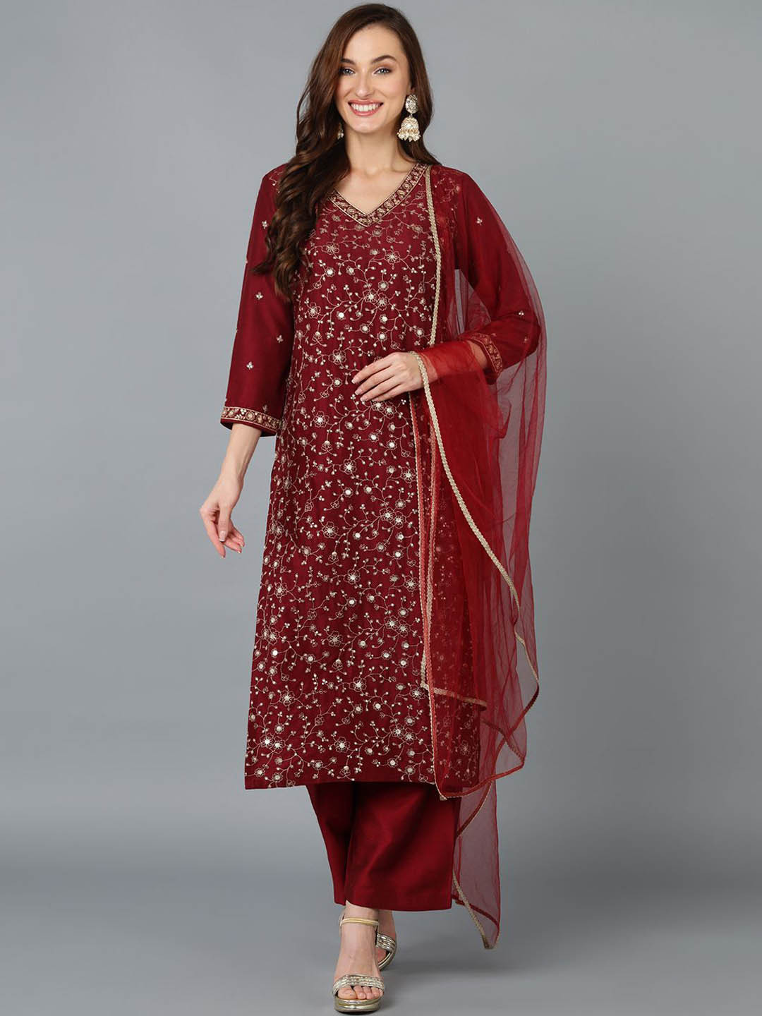 KALINI Floral Embroidered V-Neck Sequinned Straight Kurta With Trousers & Dupatta, Maroon
KALINI Floral Embroidered V-Neck Sequinned Straight Kurta With Trousers & Dupatta, Maroon